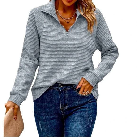 NWT Women’s Fashion Grey 1/4 Zip Up Jacket Long Sleeve Sweat Shirt Casual Top - Picture 1 of 6